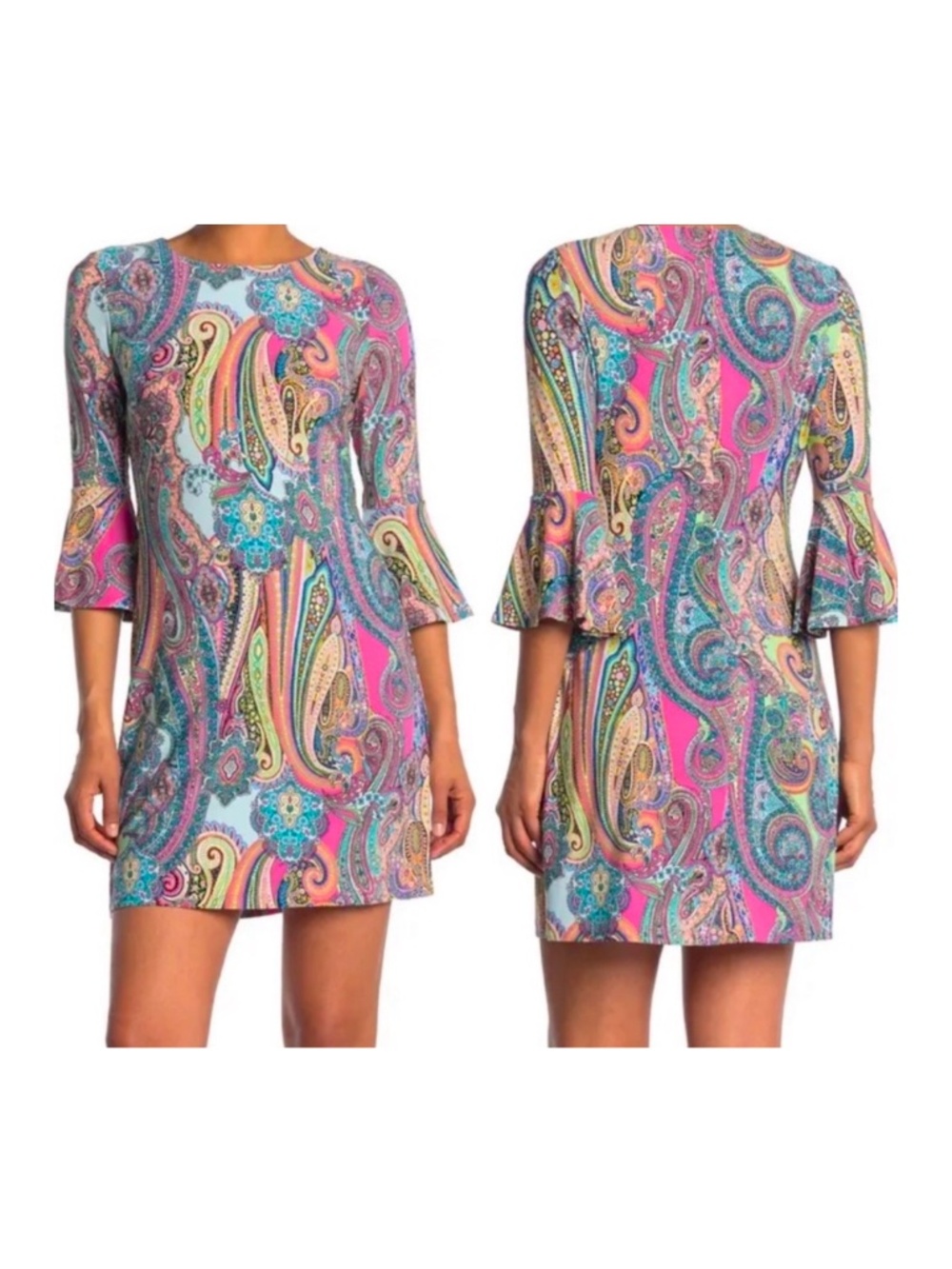 Tommy Hilfiger Paisley Dress Size 8 Bell Sleeve Boho Retro Hippie Shift Tunic
